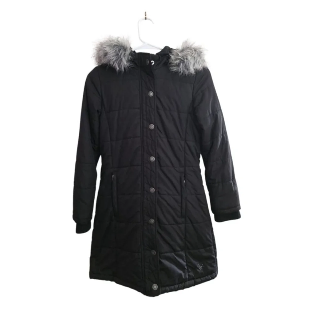 Girls Justice Black Puffer Jacket with Gray Faux Fur Hood M